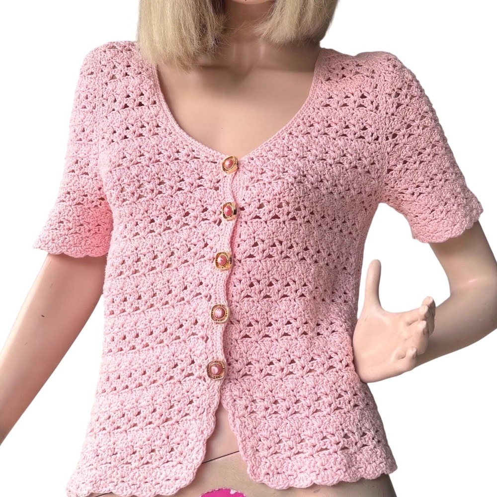 Vintage Pink Crochet Cardigan Handmade Vneck Barbiecore Bohemian Grandmacore S